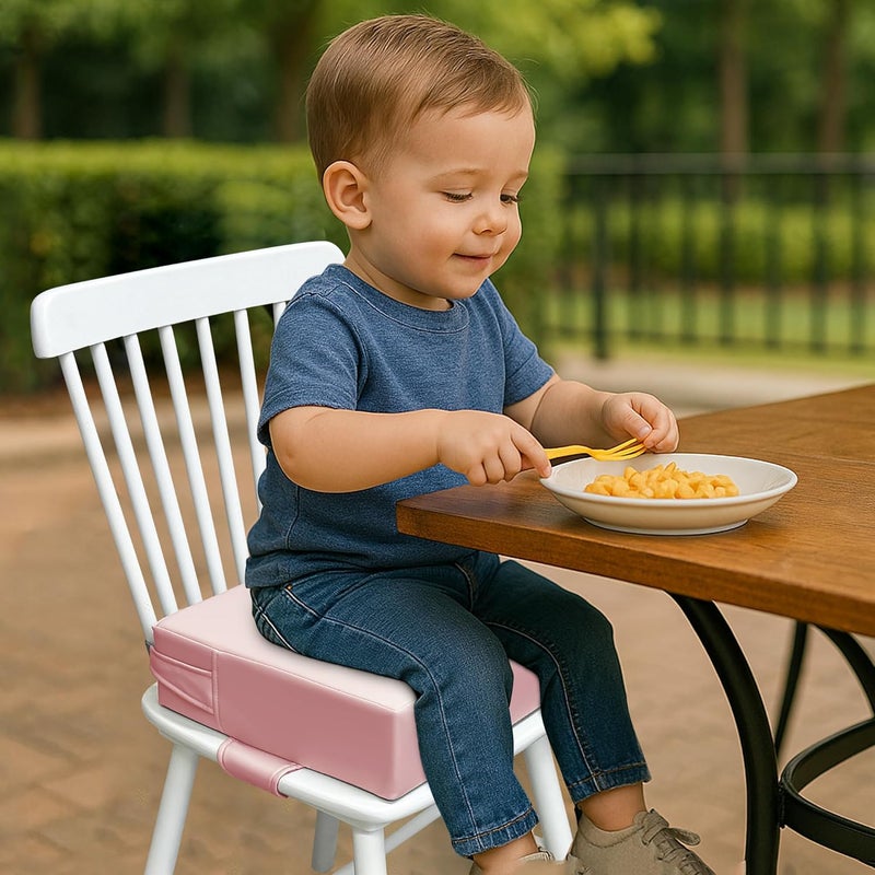 AAAini Toddler Booster Seat for Dining Table – PU Washable Cushion with Double Safe Straps, Non-Slip Bottom, Portable Travel Booster Seat for Toddlers (Pink) - Image 3